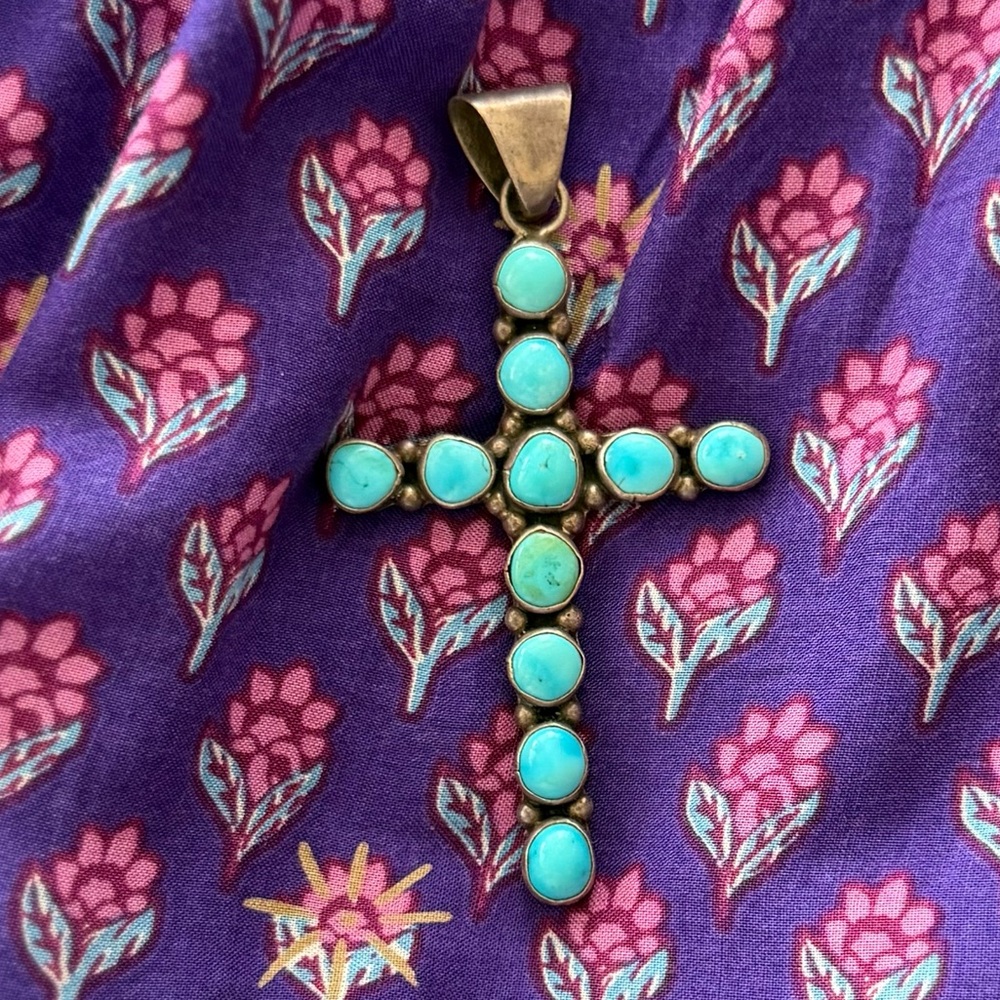 Vintage 1970’s Navajo Sterling Silver Cross Pendant With Real Turquoise Stones